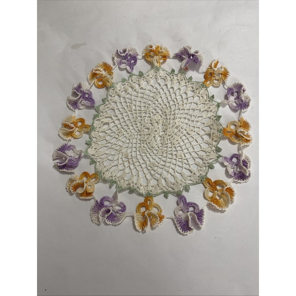 Vintage Pansy Crochet Doily Coaster Purple & Orange Flowers Grandma Core Home